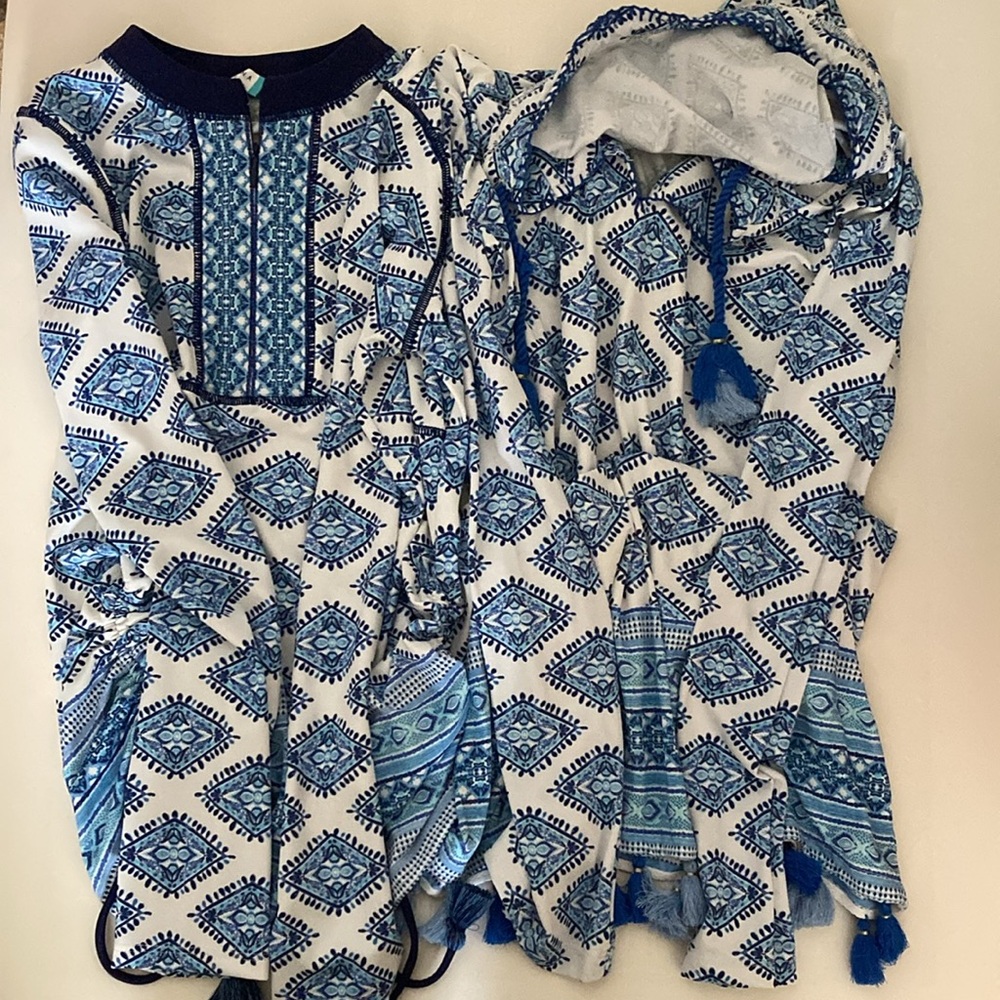 Cabana Life Girls size 10 swim rashguard shirt and hooded cover-up 2-piece set